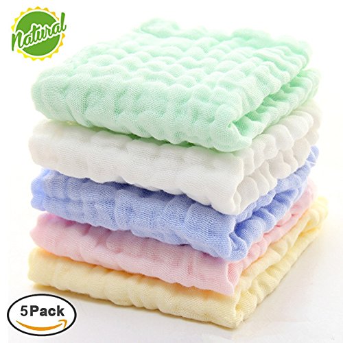 Baby Muslin Washcloths - Natural Organic Cotton Baby Wipes - Soft Newborn Baby Face Towel and Muslin Washcloth for Sensitive Skin- Baby Registry as Shower Gift, 5 Pack 10x10 inches By Mukin