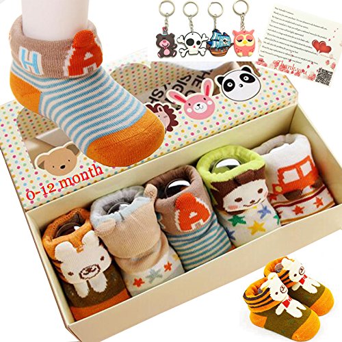 Fly-love® 5pairs Animal Non-Skid Slip Toddler Socks Cotton Unisex Baby Crew Sock 0-18 months With Box