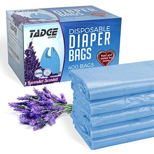 Tadge Goods Baby Disposable Diaper Bags – 100% Biodegradable Diaper Sacks with Lavender Scent & Added Baking Soda to Absorb Odors – 400 Count (Blue)